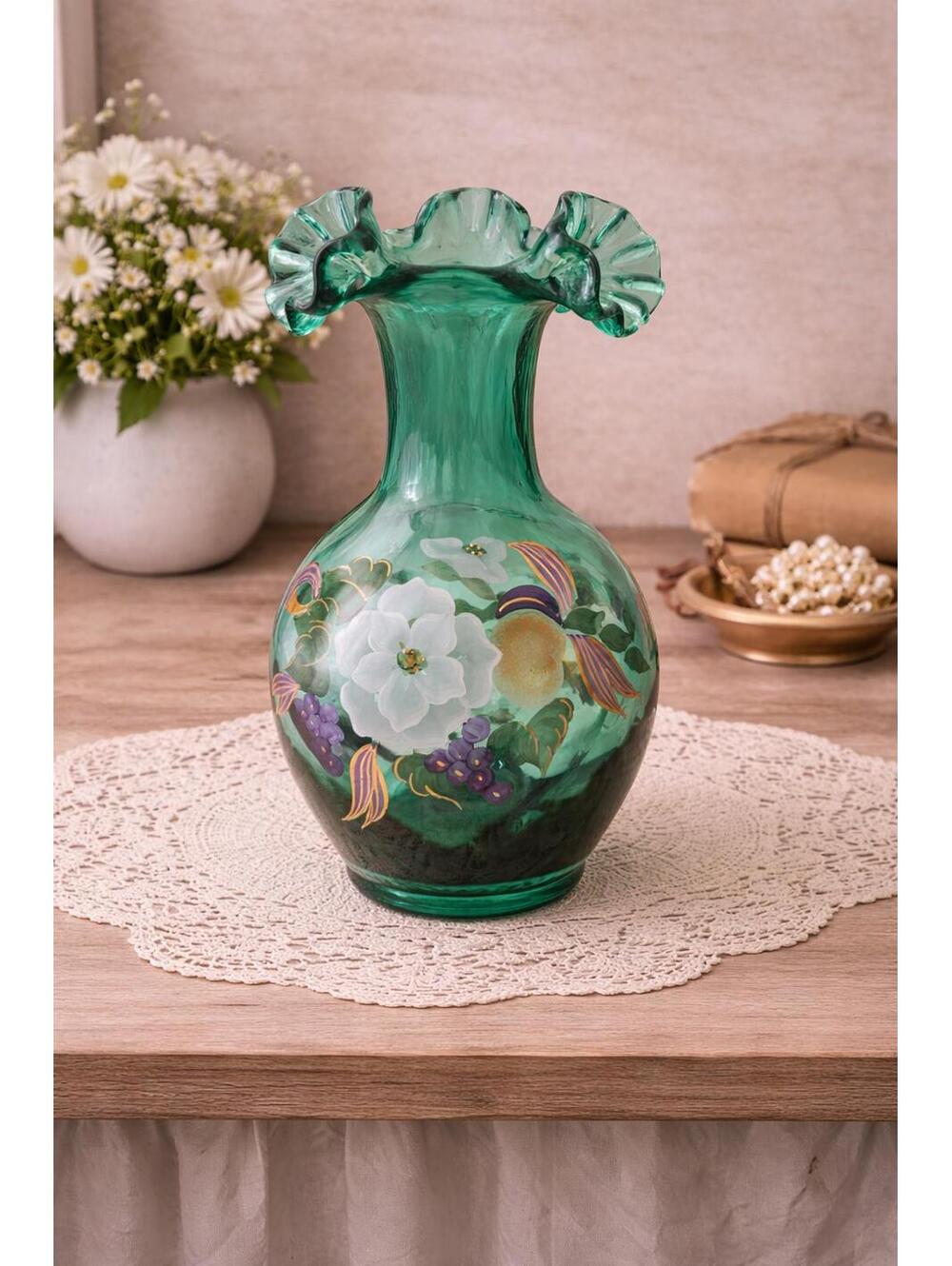 Fenton Spruce Green Magnolia & Berry Vase Signed Fenton 1996 Hand Painted #353